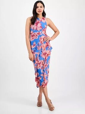 RACHEL Rachel Roy Blue Midi Dress with Pink Floral Print